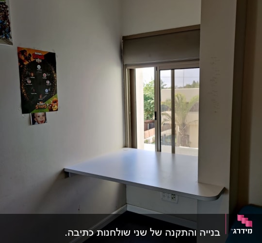 שולחן עץ לבן מחובר לקיר ליד חלון